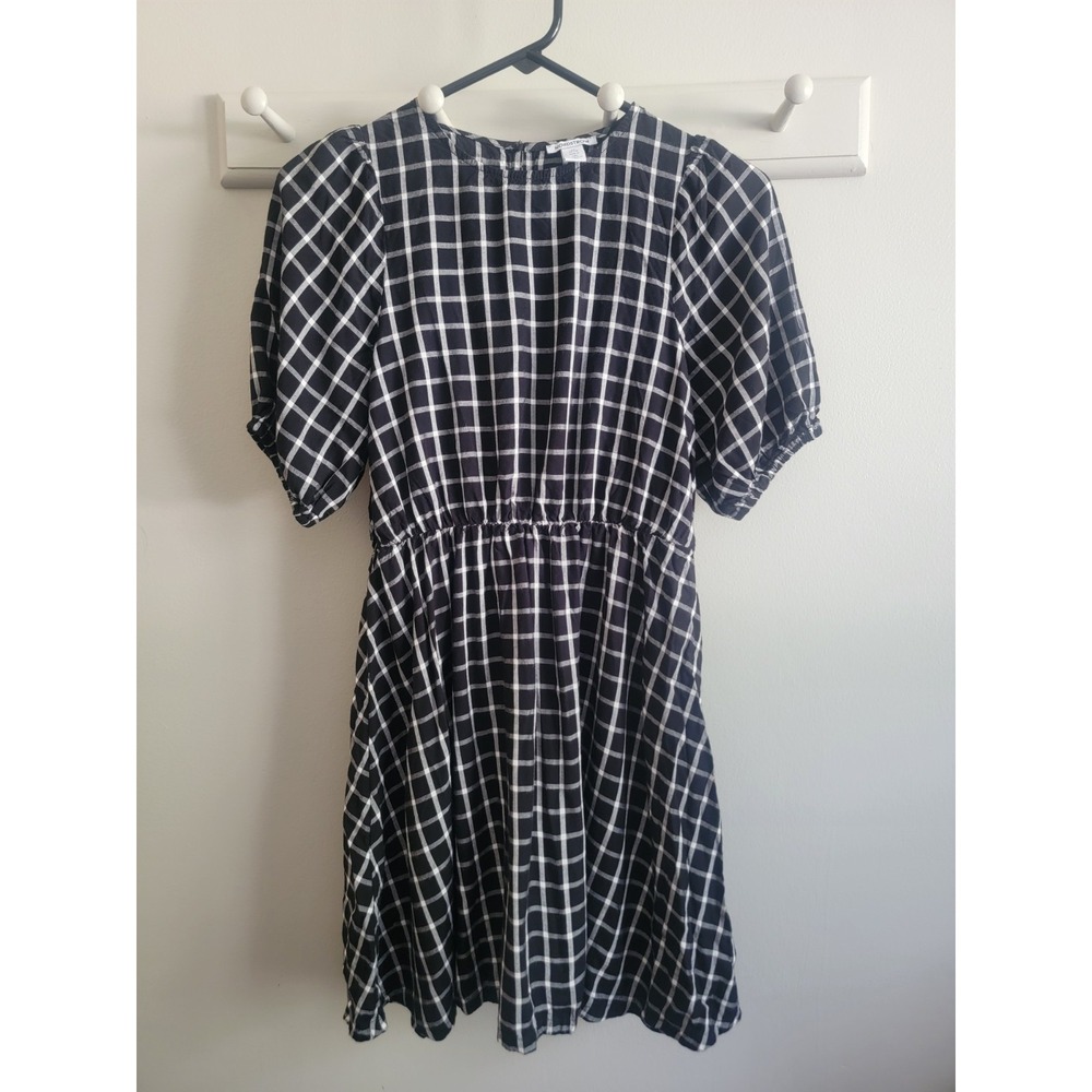 Nordstrom Girls XL 14 16 Rayon Fall Dress Black White Plaid Short Sleeve Puff